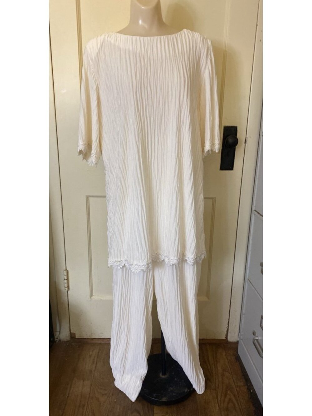 VTG Ruth Norman Womens Ivory 2 Pc Set Crinkled 3/4 Sleeve Tunic Pants Size 16 US